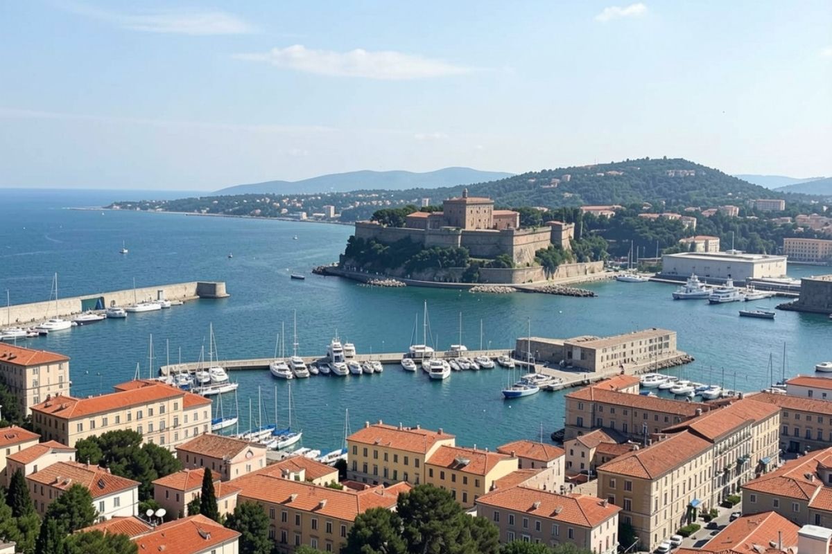 Vista panoramica di Civitavecchia con il porto e il Forte Michelangelo sullo sfondo