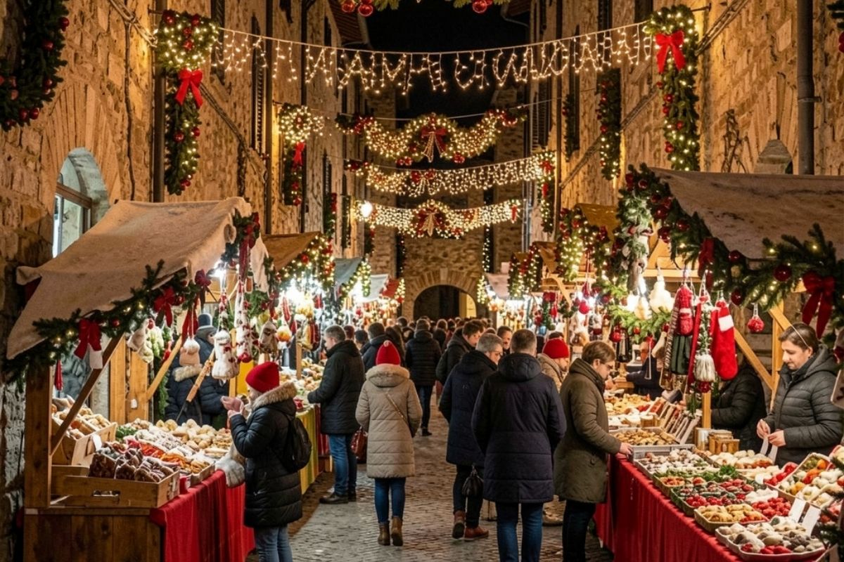Mercatini di Natale a Calcata con decorazioni e bancarelle, creando un'atmosfera festosa