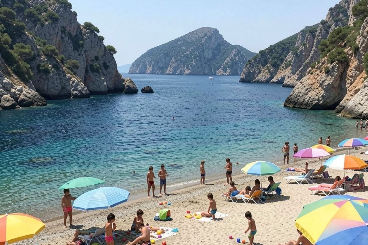 Vista panoramica di Ponza con bambini che giocano sulla spiaggia
